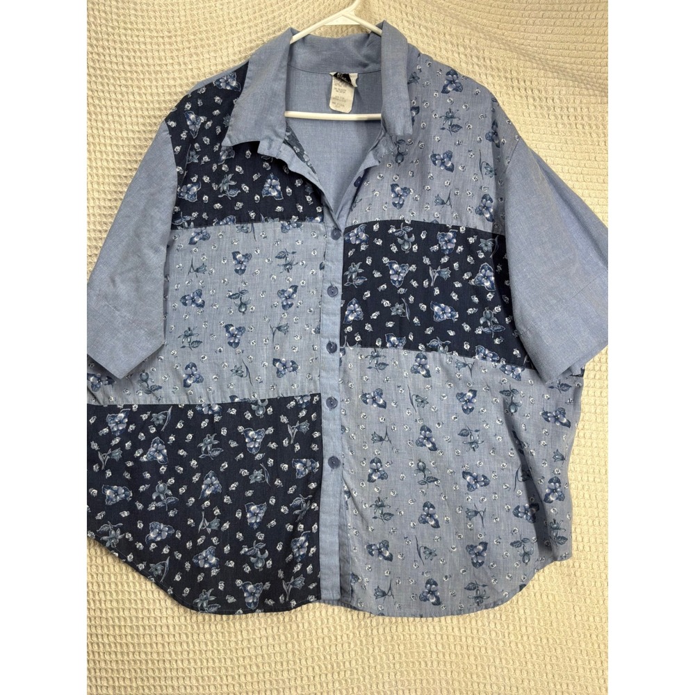 Cottagecore Womens Tapestry Patchwork Floral Button Down Shirt 22/24 Blue